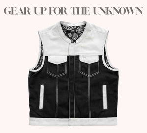 White leather and black canvas biker vest