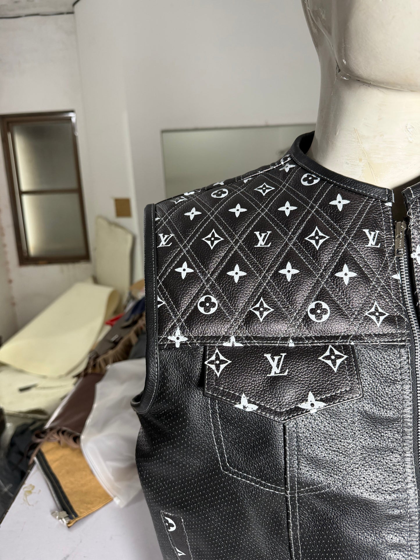 Premium Black Leather Biker Vest – Quilted Monogram Design