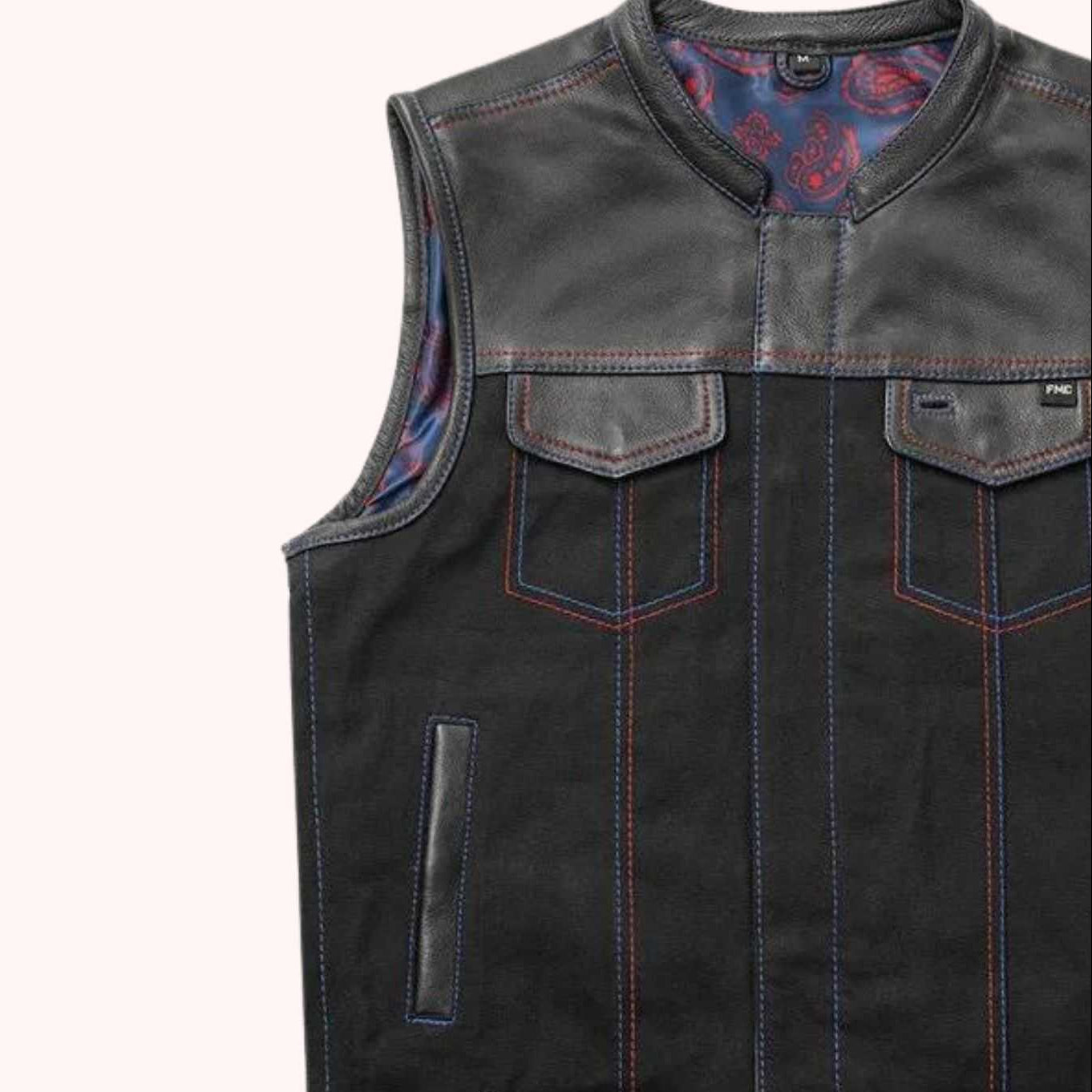 Leather twill motorcycle vest detail