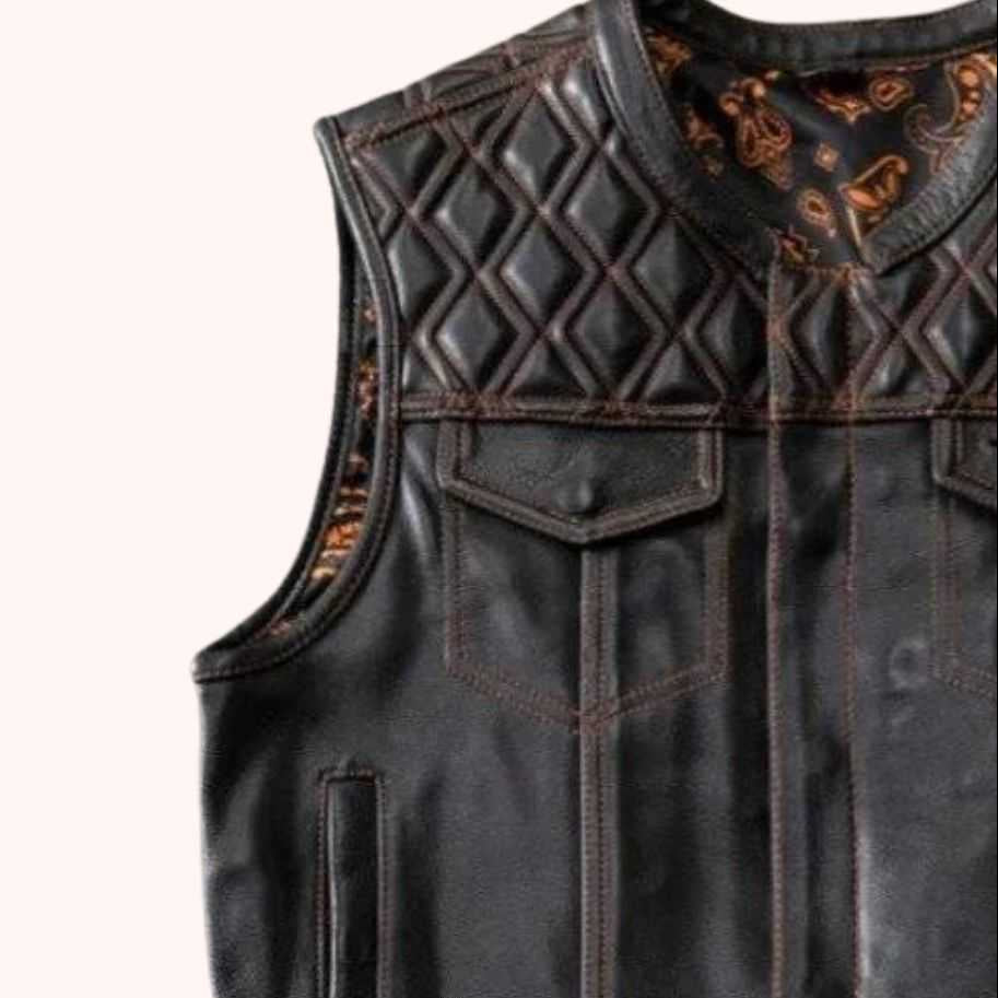 Men's black biker vest detail