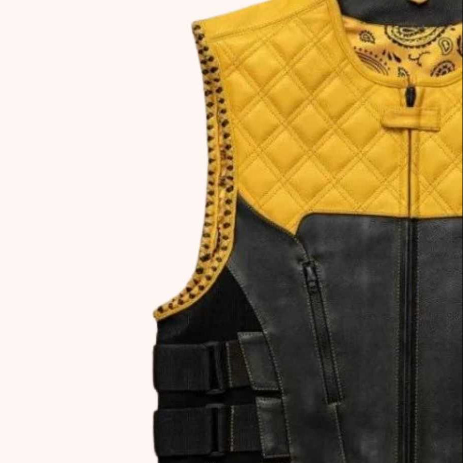 Men's black leather biker vest detail