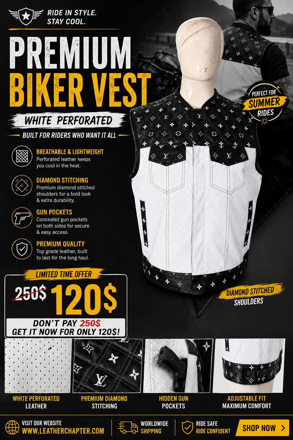 Premium Mens Black & White perforated Leather Biker Vest