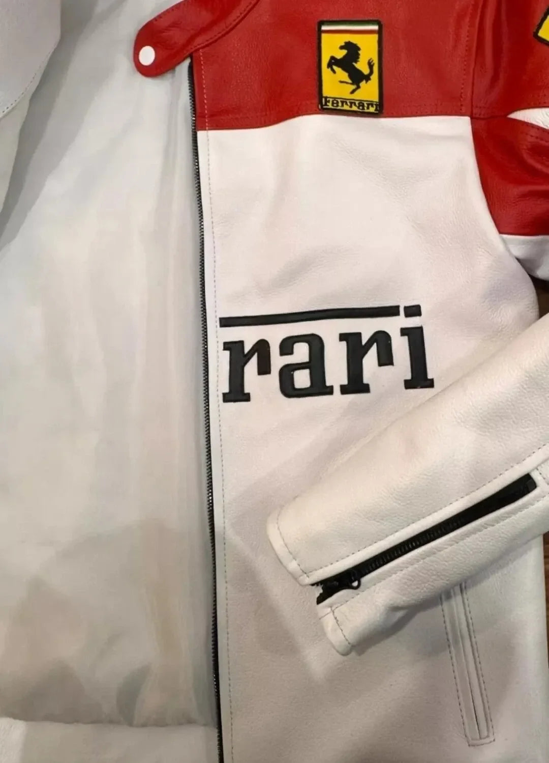 🏁 Ferrari Red & White Racing Leather Jacket (100% Genuine Leather) – Arai & Michelin Embroidered Edition