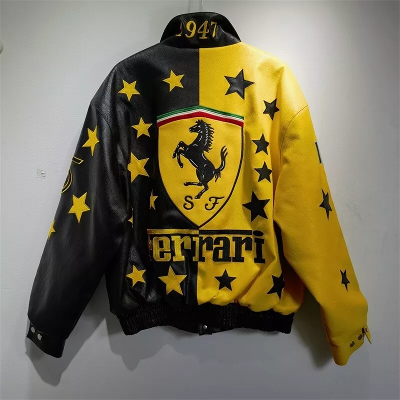 Real Cowhide Ferrari Bomber Jacket - Half Yellow/Black Star Design for Racing & Streetwear