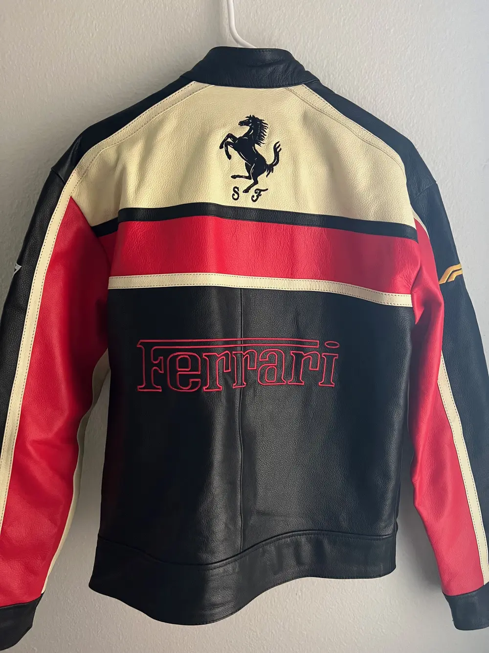 Premium Leather Ferrari F1 Racing Jacket in Black, Cream & Red - Vodafone & Shell Sponsors