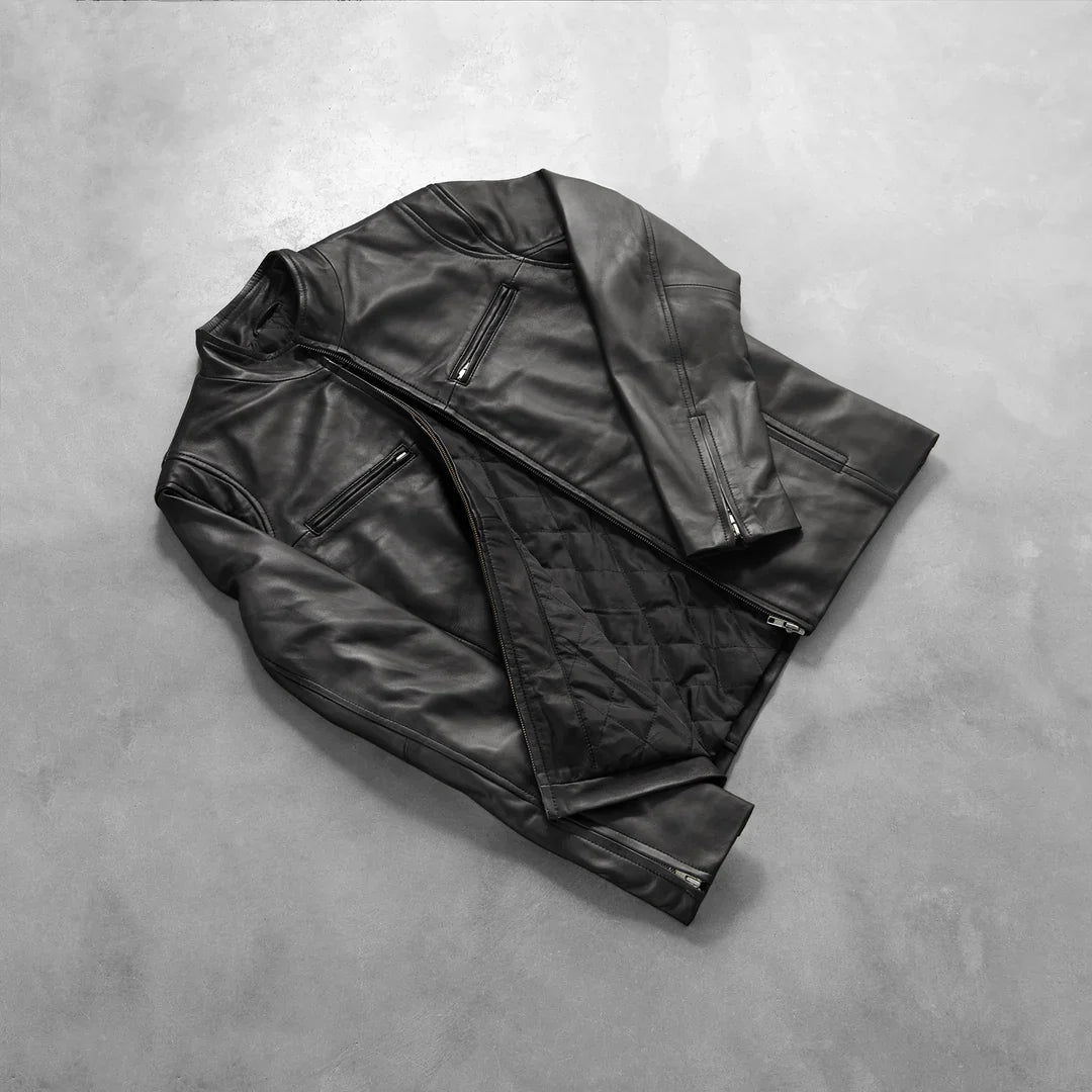 Black sheepskin leather jacket detail