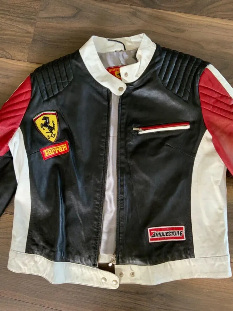 Premium Genuine Leather Ferrari Racing Jacket Black, White & Red Color Block
