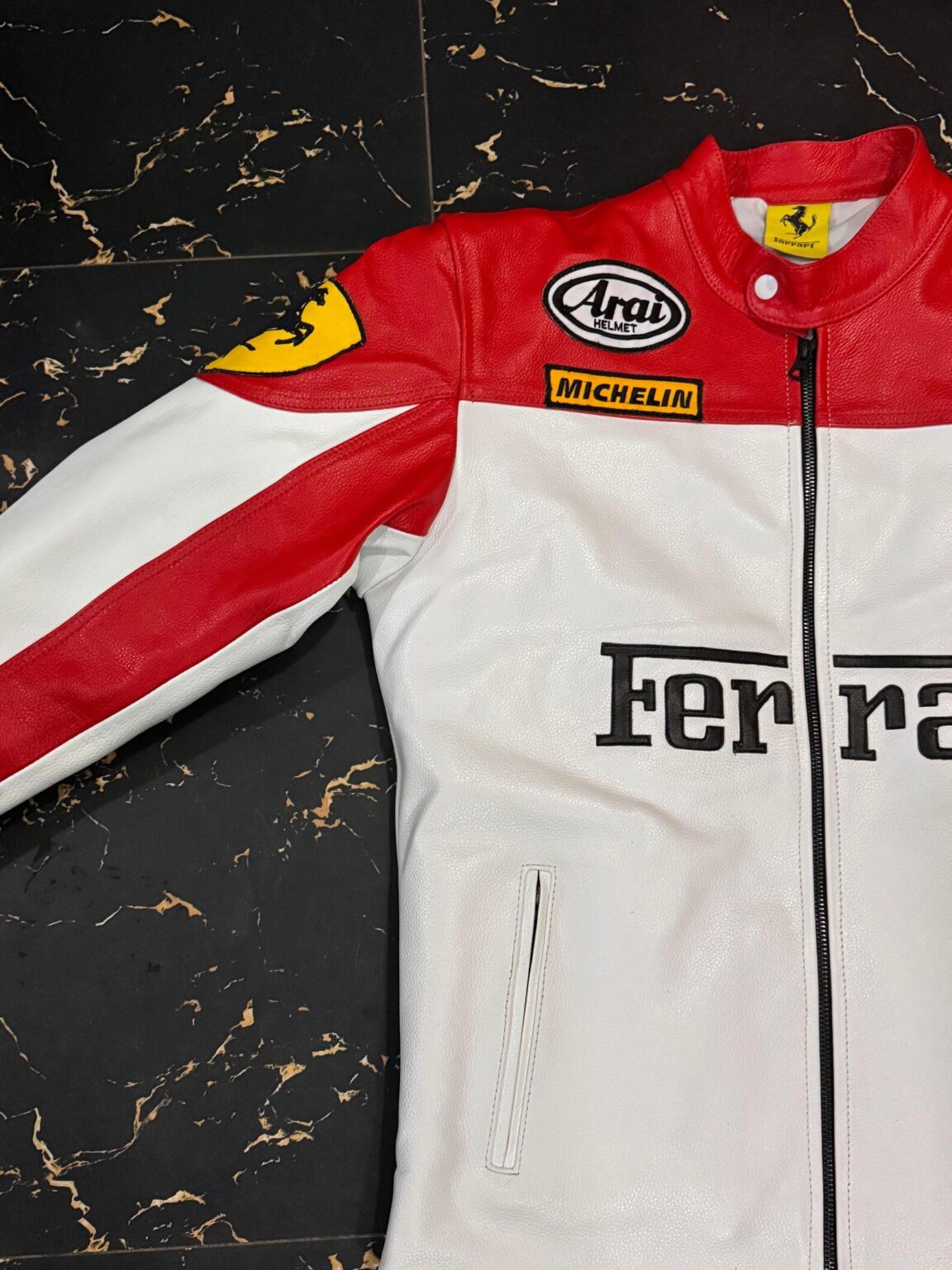 🏁 Ferrari Red & White Racing Leather Jacket (100% Genuine Leather) – Arai & Michelin Embroidered Edition