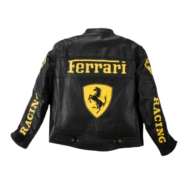 Classic Black Genuine Leather Ferrari Racing Jacket - Yellow Logos & Quilted Interior