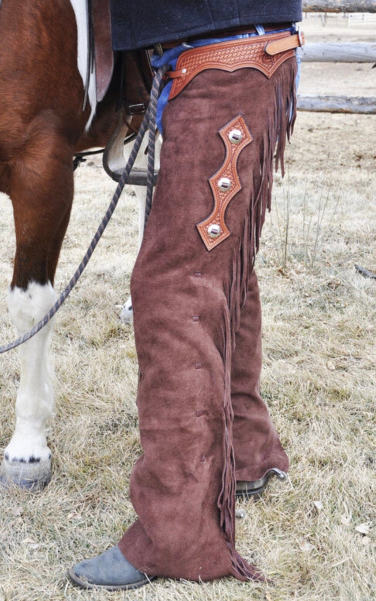 Handmade Cowboy Buck Skin Suede Leather Pant Rodeo Chap Mountain Men Western Redish Suede Chap , Horse Gifts for Men