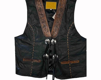 Tooled Leather Western Vest: Cowboy Biker Rodeo Concho Waistcoat