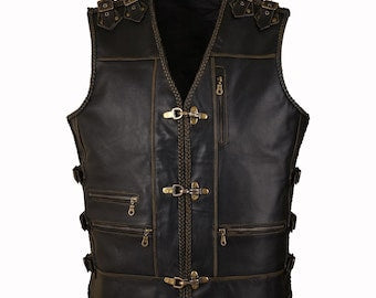 Handmade Cowhide Leather Biker Vest: Steampunk Motorcycle Waistcoat