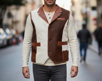 Men’s Cowhide Leather Vest Brown & White HairOn Hide Western Style Vest