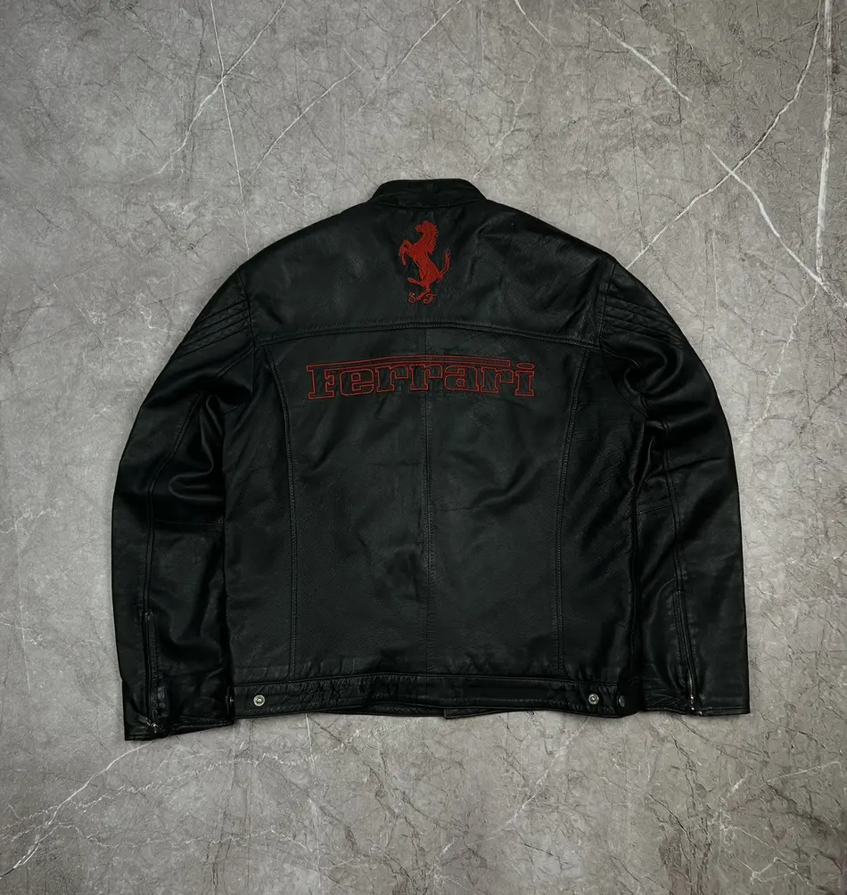 Sleek Black Genuine Leather Ferrari Biker Jacket - Red Embroidered Logo & Minimalist Style