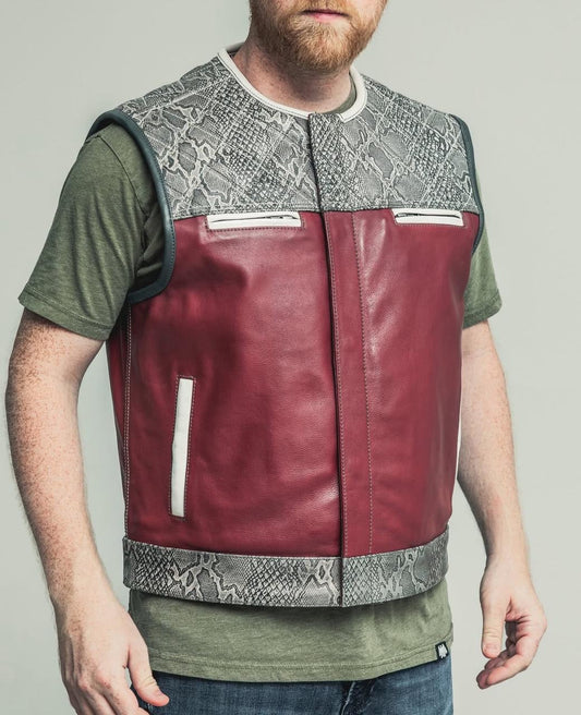 Men's Maroon Leather & Gray Python Skin Print Vest – Street Style Sleeveless Outerwear