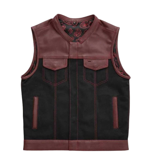 OX Blood Men's Leather & Canvas Club Biker Vest - white background