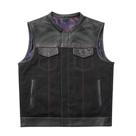 Maverick Men's Leather/Twill Motorcycle Vest - white background
