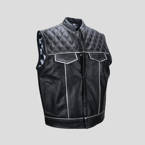Black biker vest with checked liner