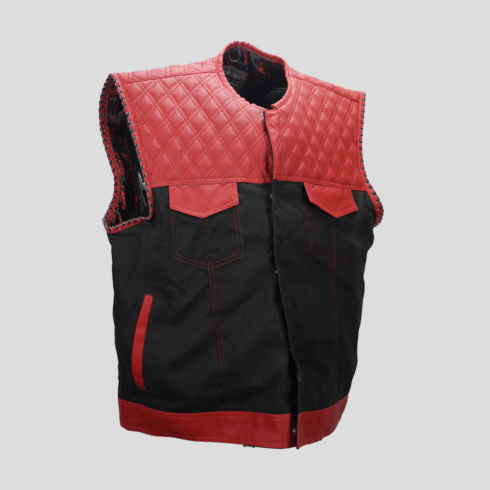 Black leather biker vest with diamond quilted shoulders