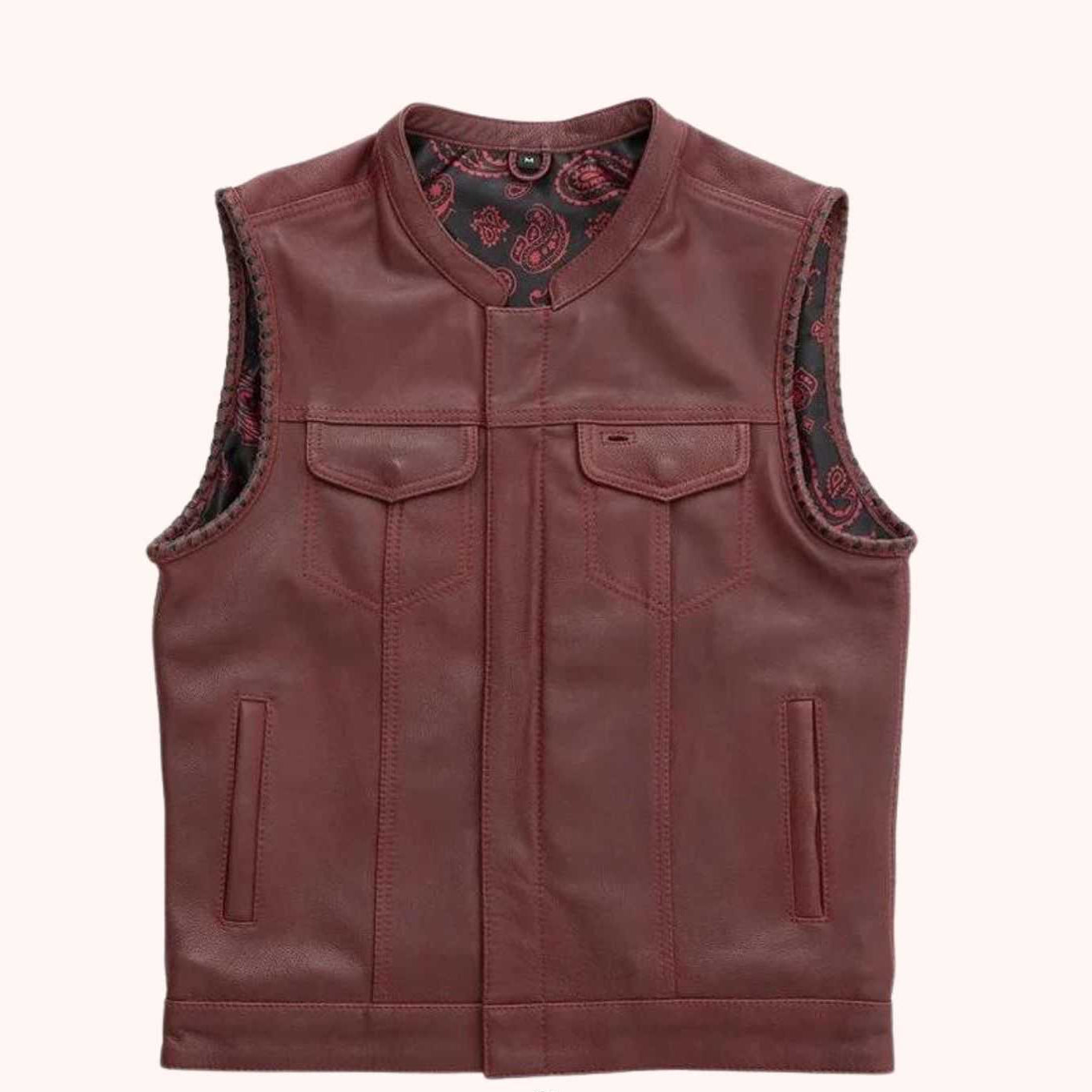 Canvas biker vest with oxblood leather accents