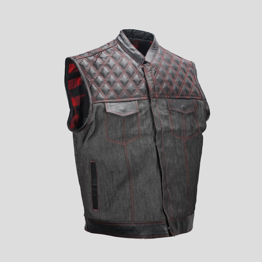 Plaid denim biker vest with diamond stitching