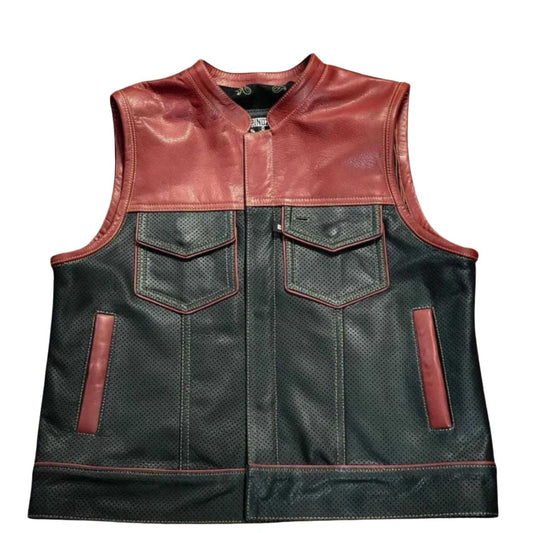 Maroon Noir Lowside Mesh Men's Motorcycle Leather Vest - white background