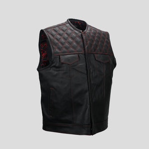 Biker vest with diamond stitching and red paisley liner