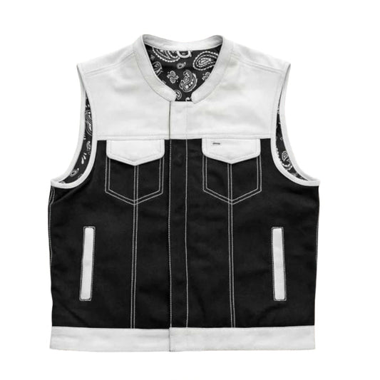 Men's cashmere-lined two-tone leather motorcycle vest