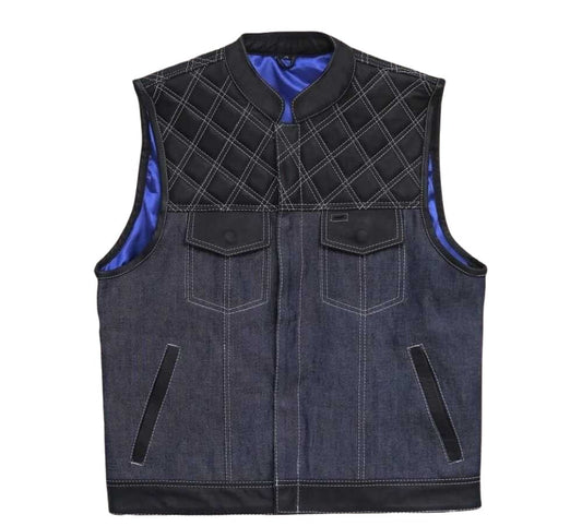 Rugged Denim Diamond Quilted Men Denim Motorcycle Vest - front