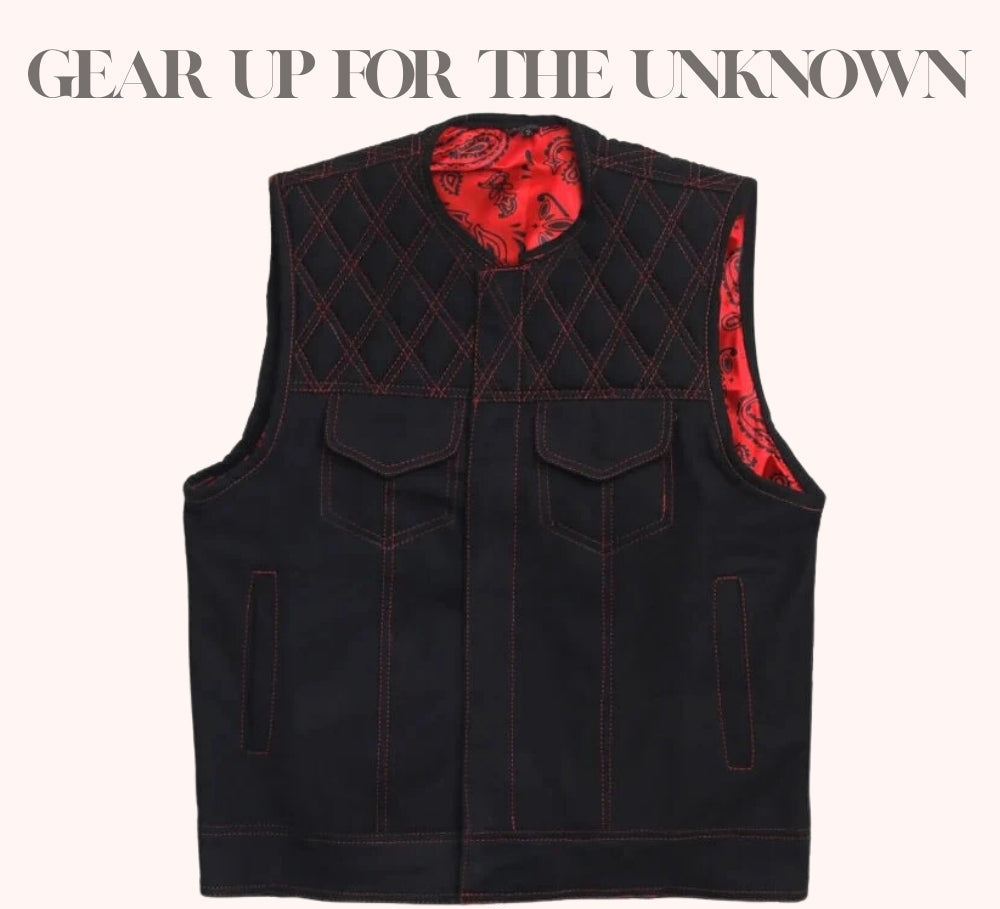 Black leather biker vest with diamond quilted top