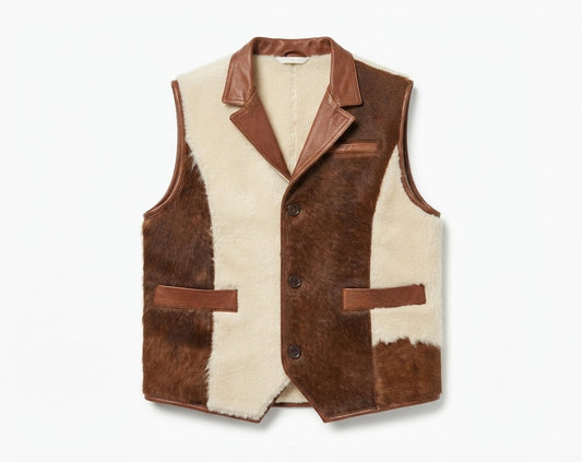 Men’s Cowhide Leather Vest  Brown & White HairOn Hide Western Style Vest