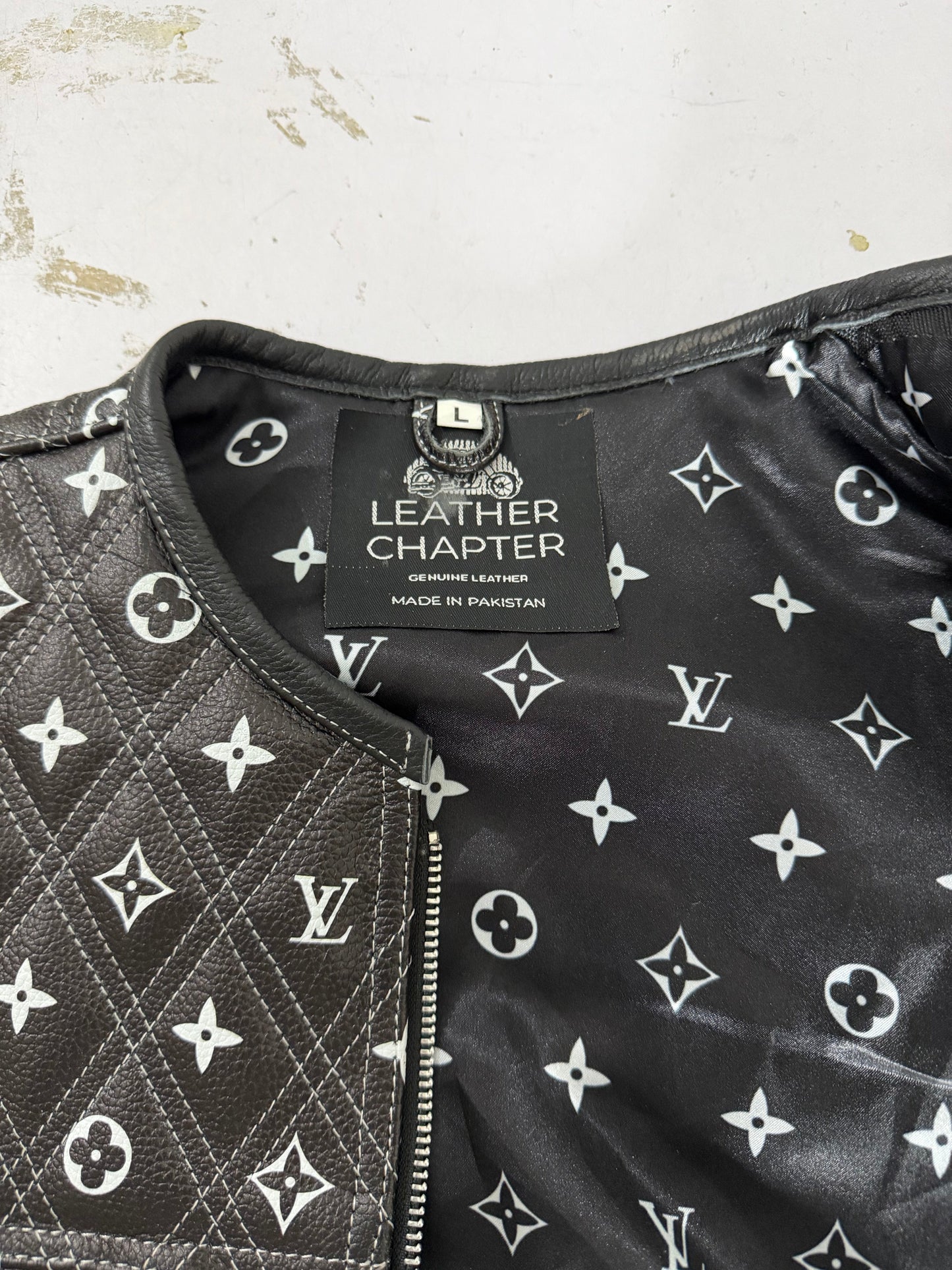 Premium Black Leather Biker Vest – Quilted Monogram Design