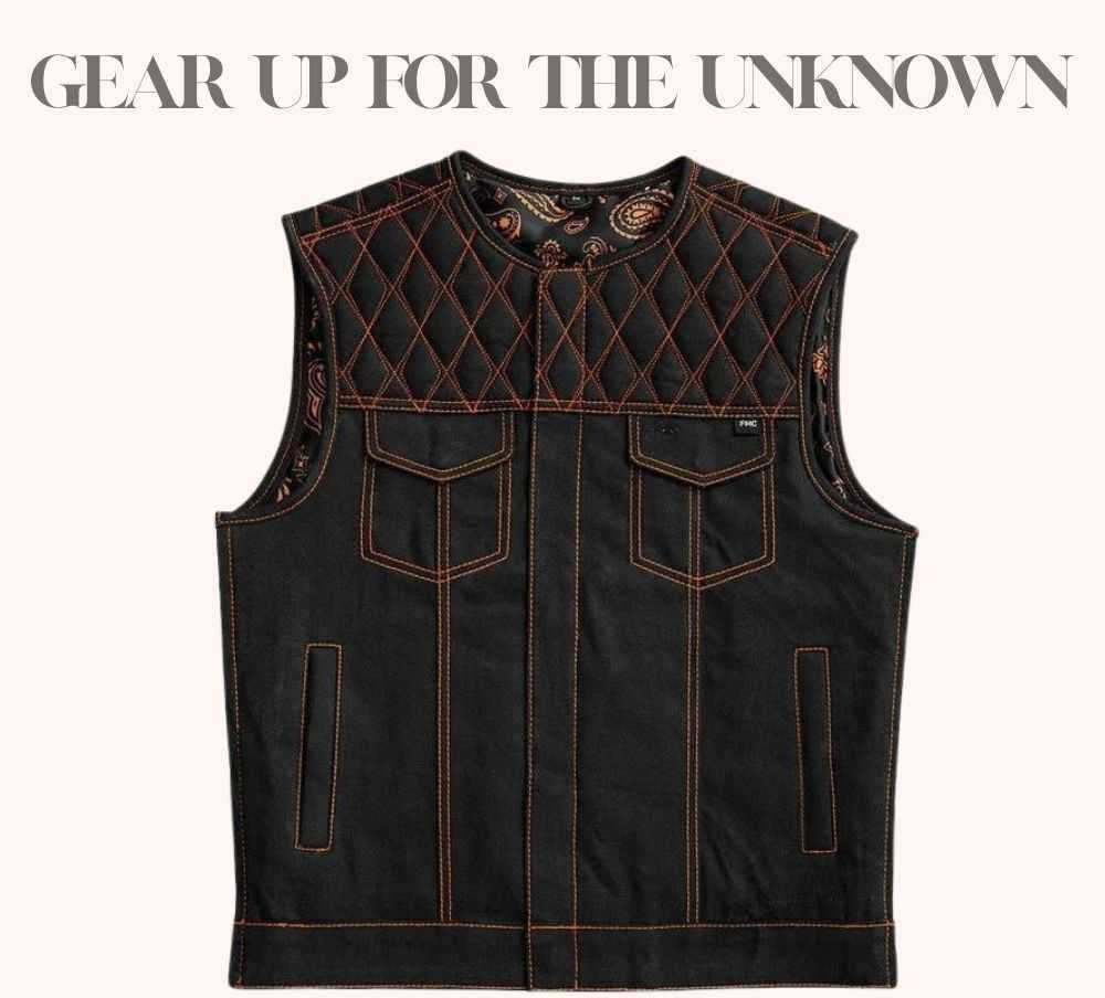 Worn-in denim biker vest with orange paisley liner