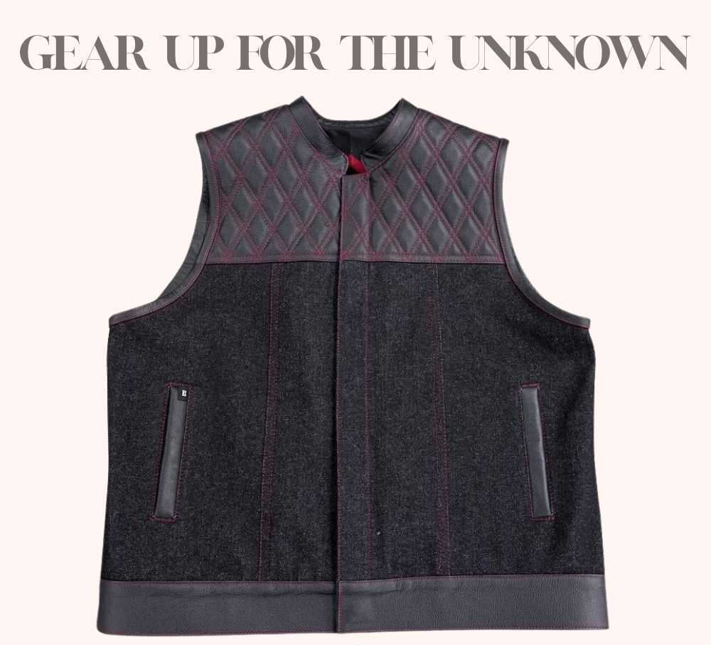 Black denim vest with quilted cowhide shoulders