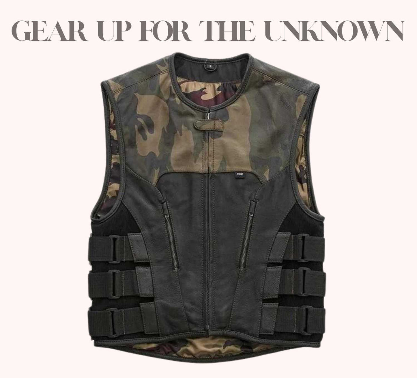 Distressed leather biker vest with camo shoulders