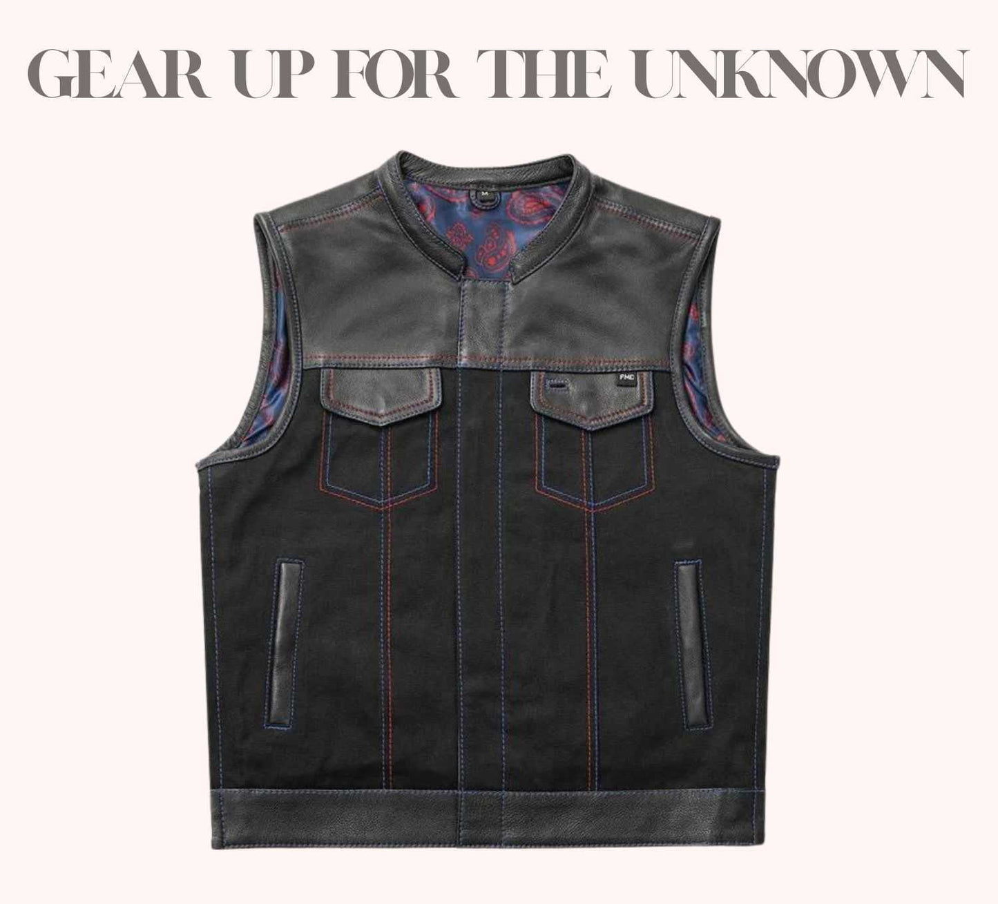 Cowhide and twill biker vest for men