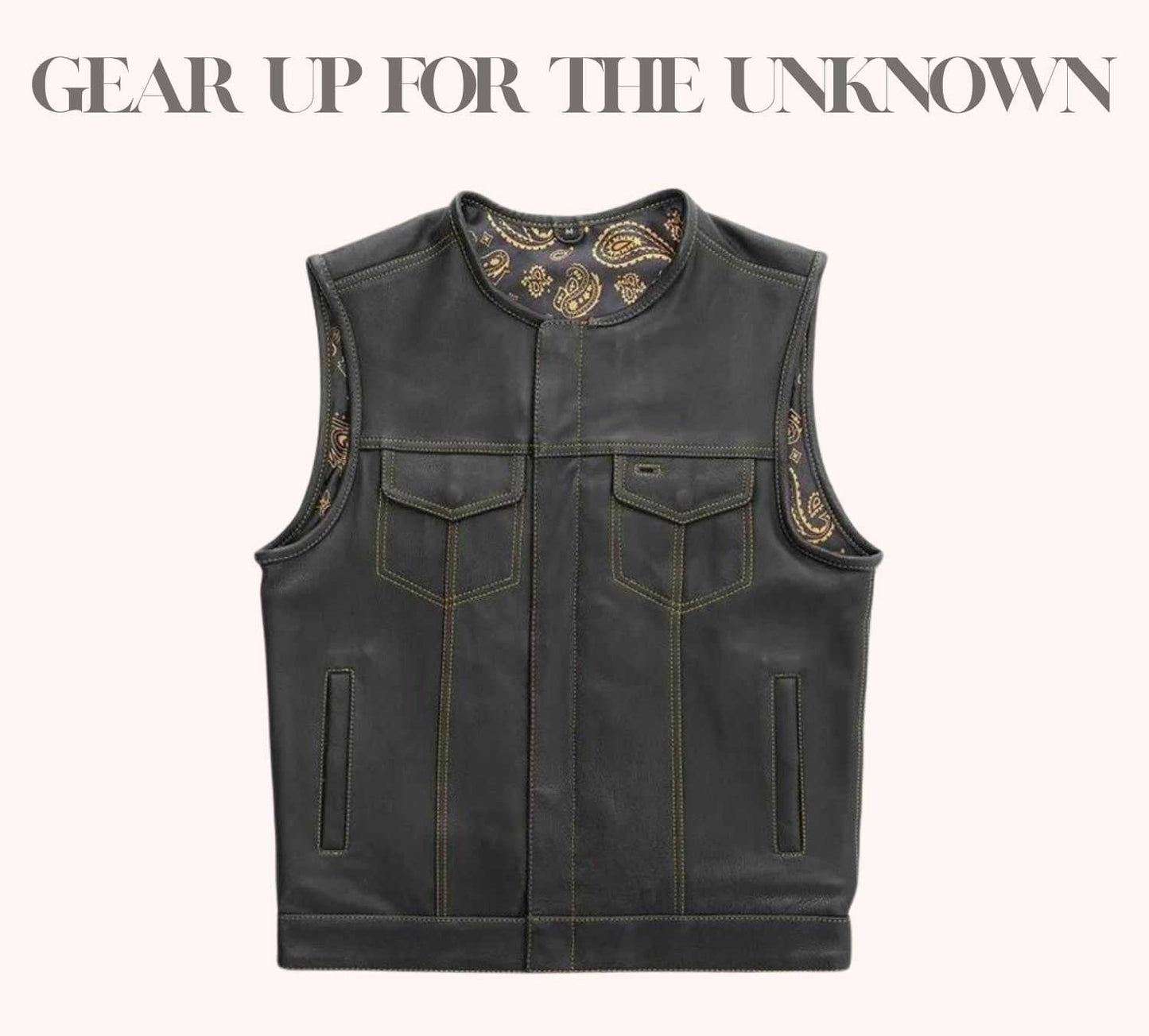 Cowhide biker vest with green paisley liner
