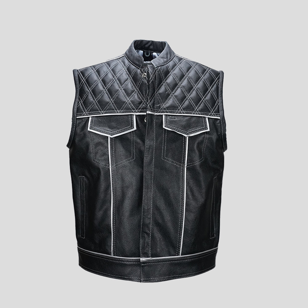 Black checkered diamond-stitched men's biker vest
