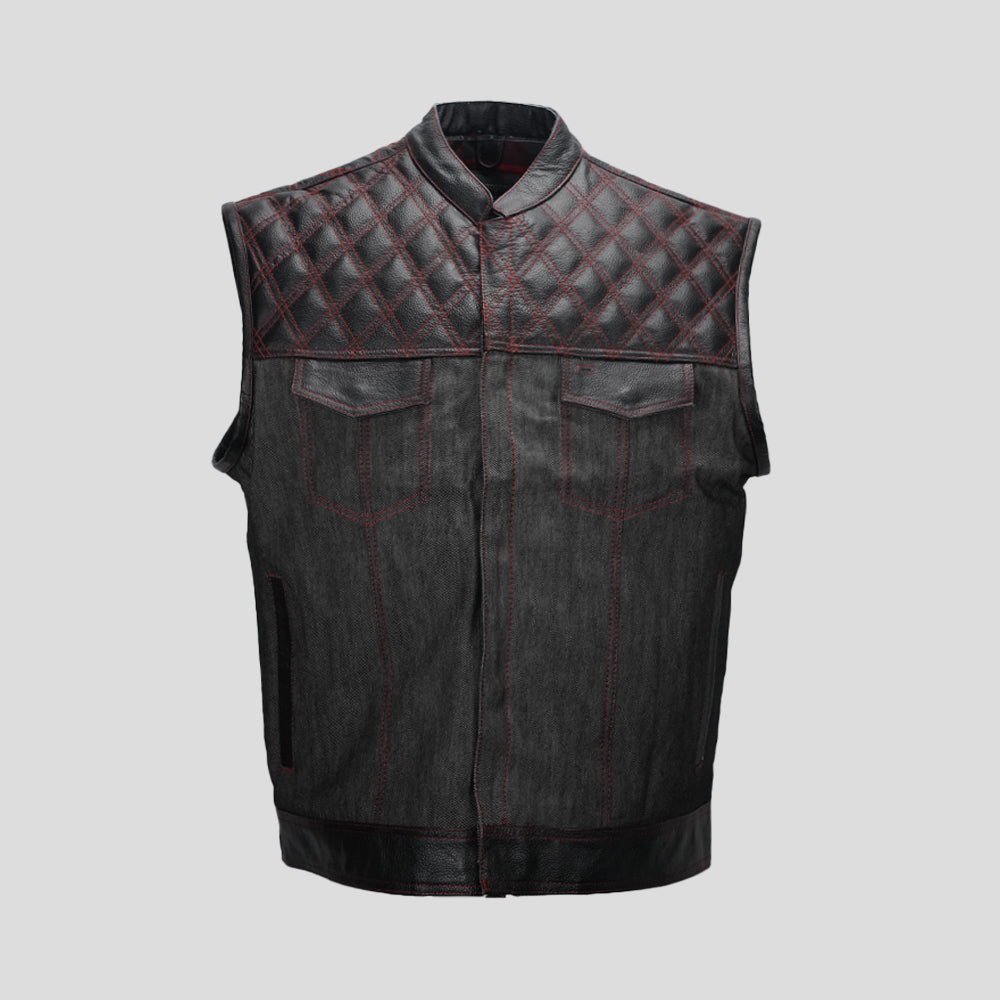 Men's plaid denim motorcycle vest