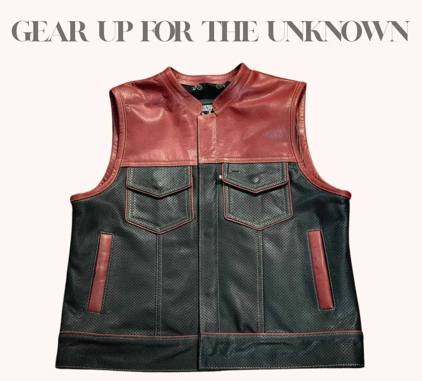 Leather vest with diamond cowhide shoulders and denim torso