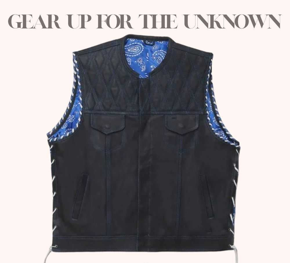 Blue cowhide leather vest with white paisley liner