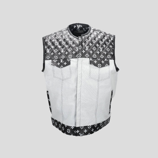 Black Diamond Pattern Premium Leather Motorcycle Vest - white background