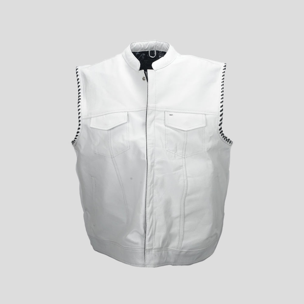 Ivory Ice Luxe men's leather and canvas motorcycle vest