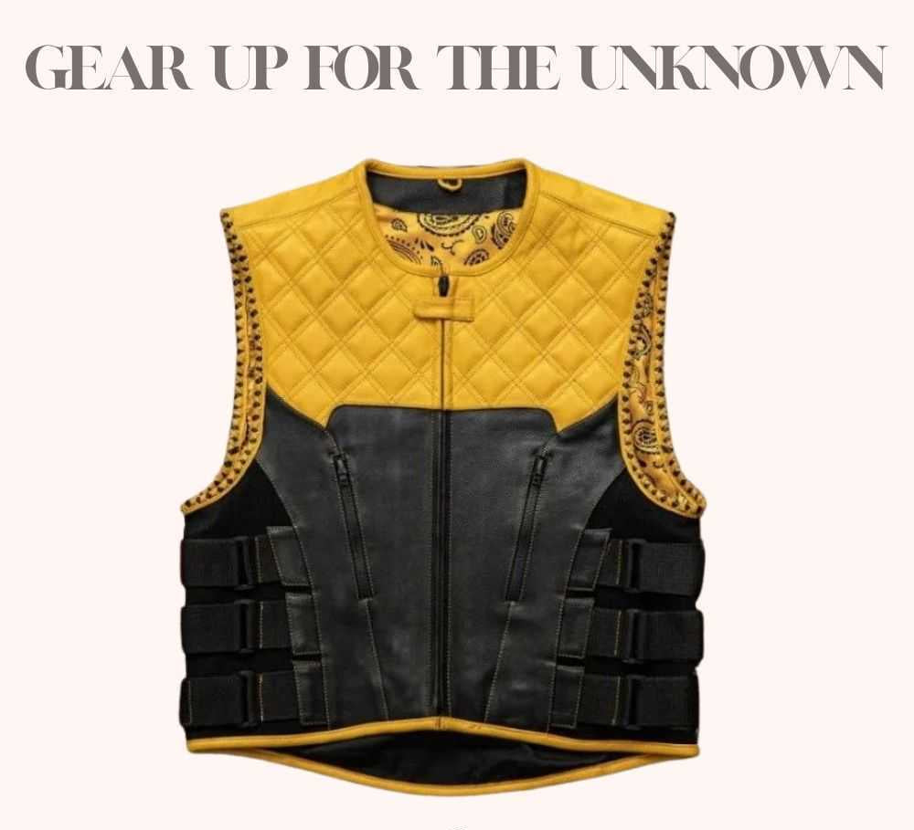 Black leather vest with yellow paisley liner