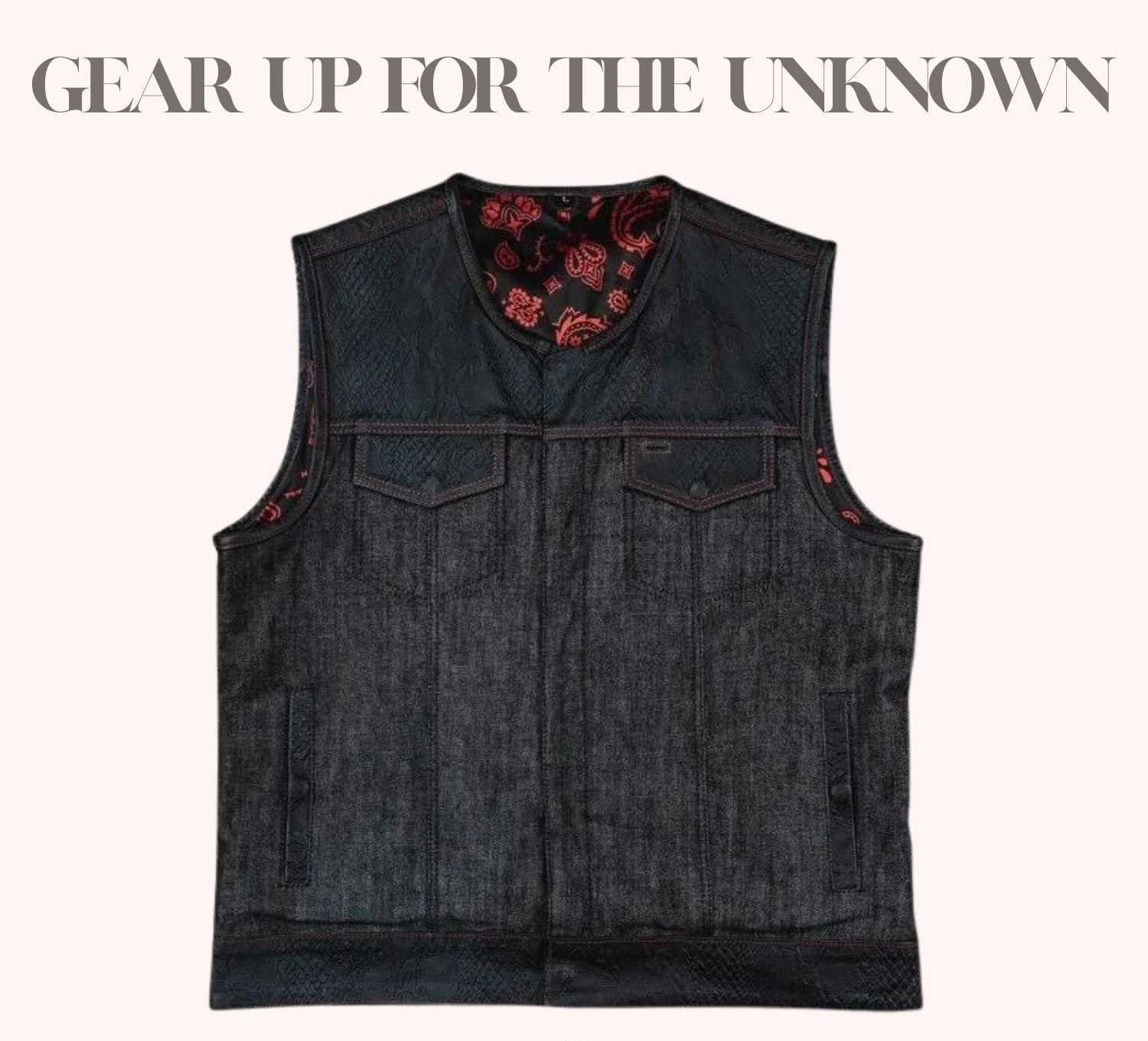 Ember denim biker vest with red paisley liner