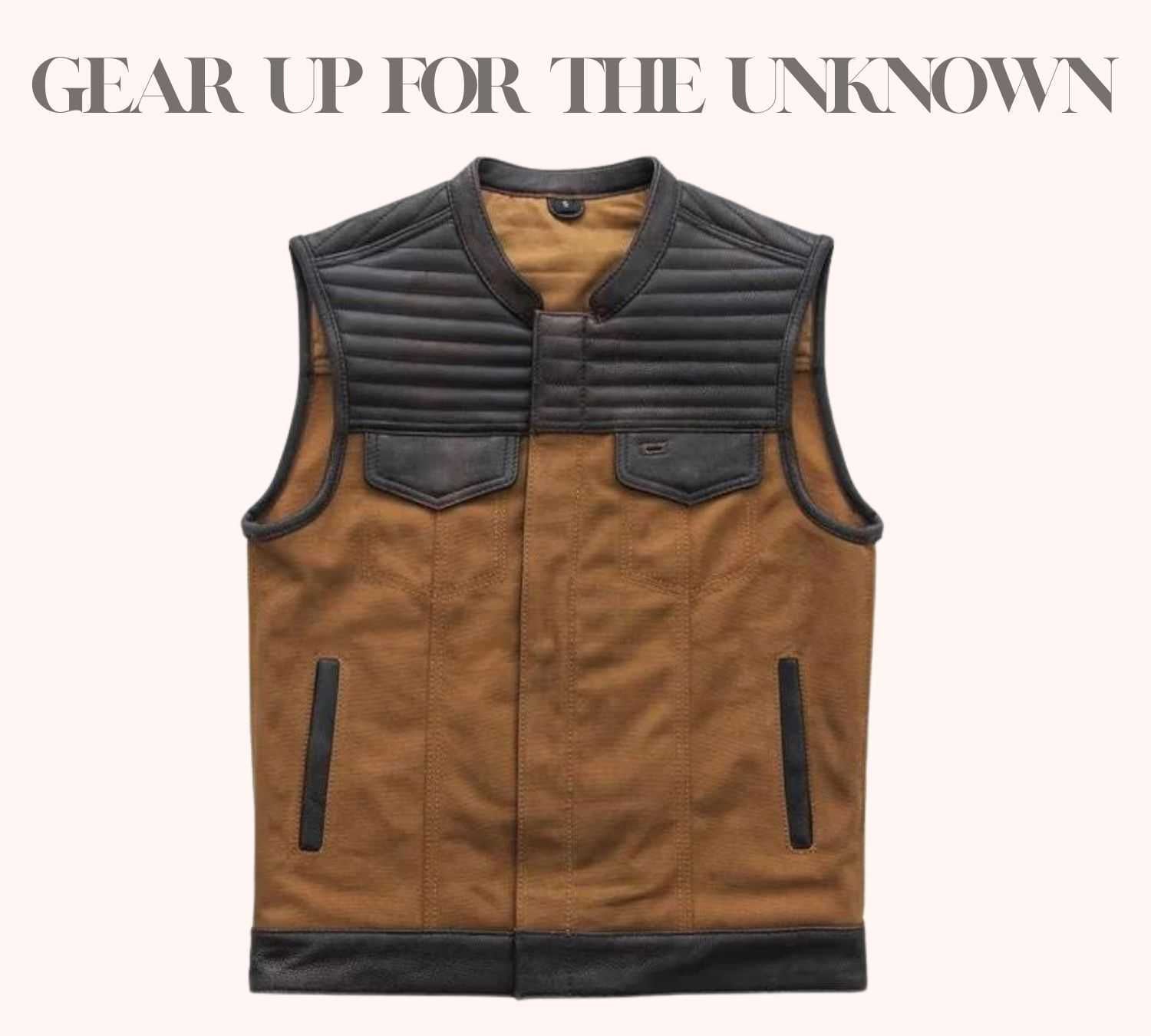 Duck canvas vest with distressed brown leather shoulders