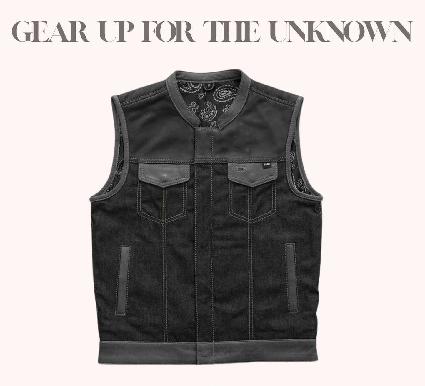 Denim and canvas biker vest with cowhide shoulders