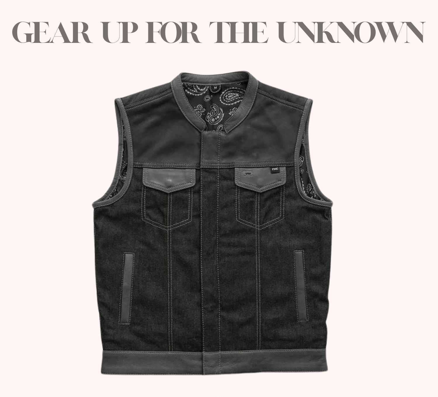 Denim and canvas biker vest with cowhide shoulders