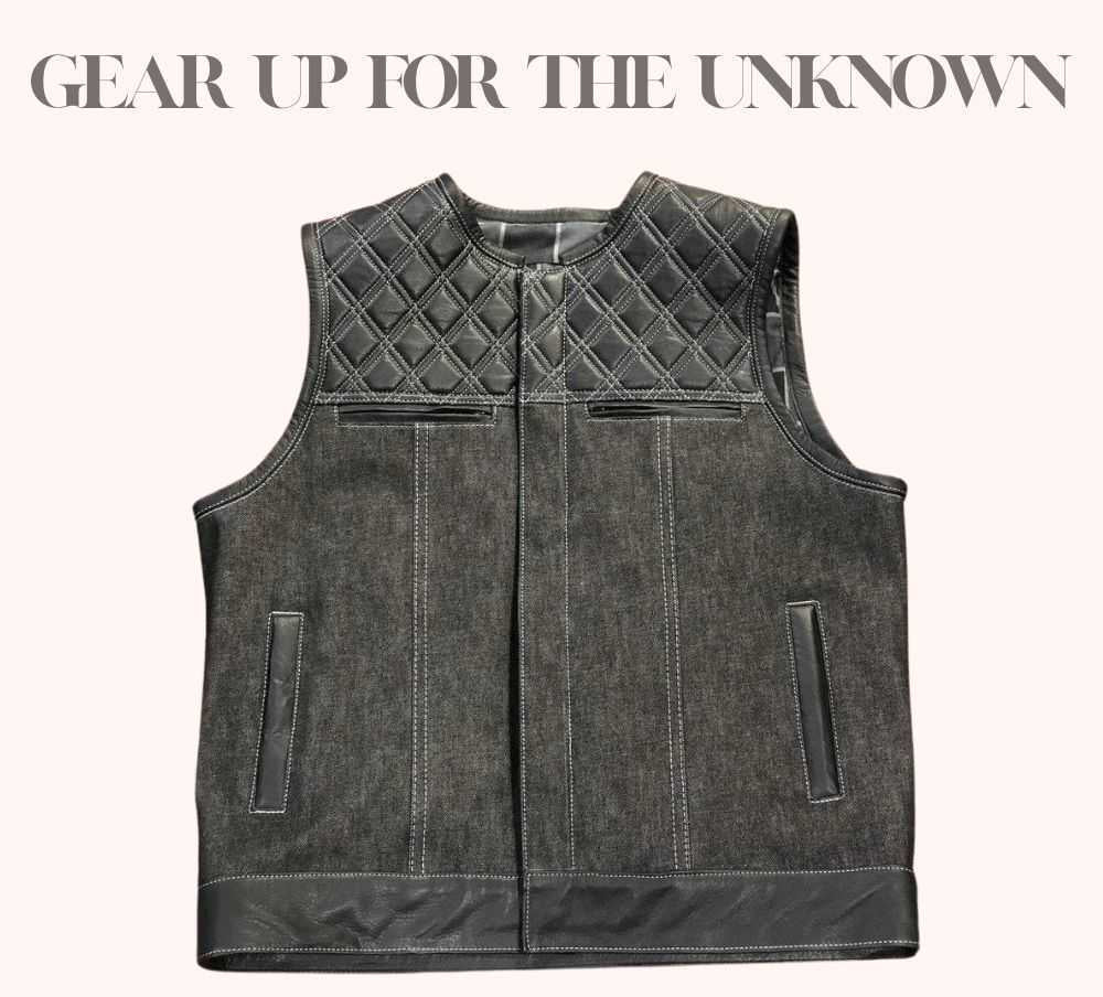 Distressed denim biker vest with diamond stitching