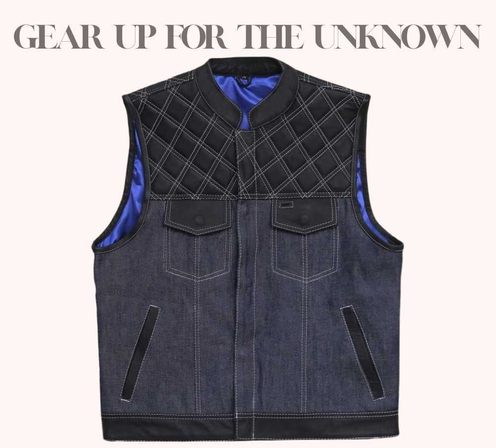 Denim vest with quilted cowhide shoulders